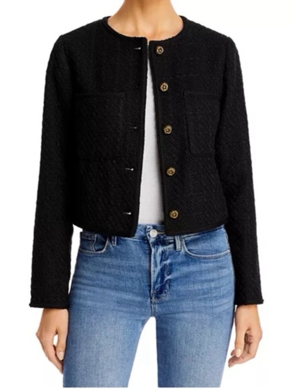 Aqua Black Cropped Bouclé Jacket with Gold Buttons